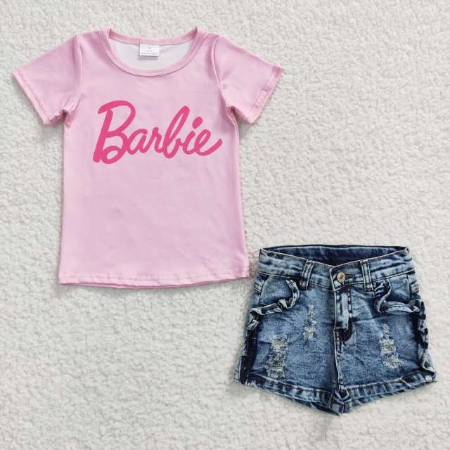 GT0151  SS0011 pink short sleeve t-shirt Top and jeans set