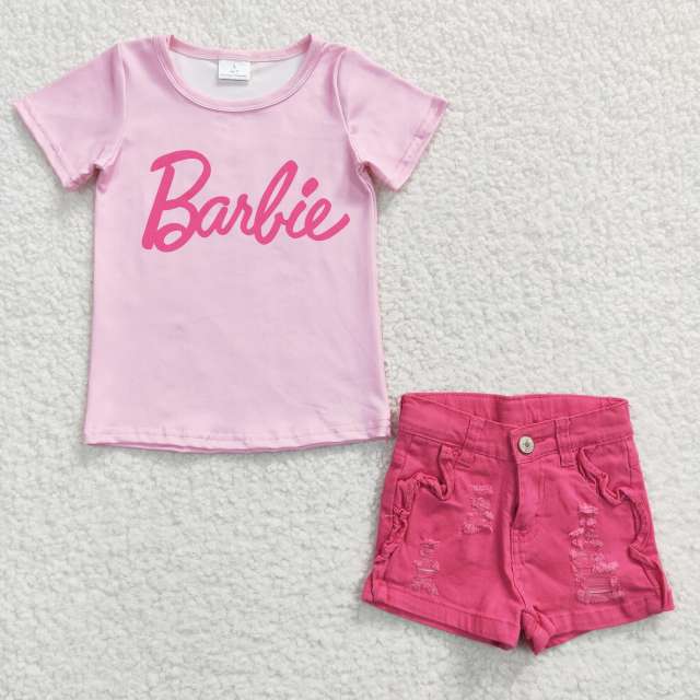 GT0151  SS0013 pink short sleeve t-shirt Top and jeans set