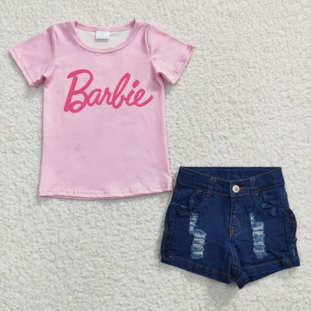 GT0151  SS0014 pink short sleeve t-shirt Top and jeans set