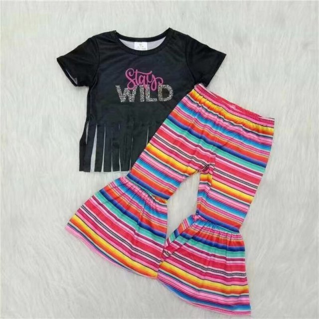 D13-2 girls summer black letter short sleeve Color Striped Pants Set