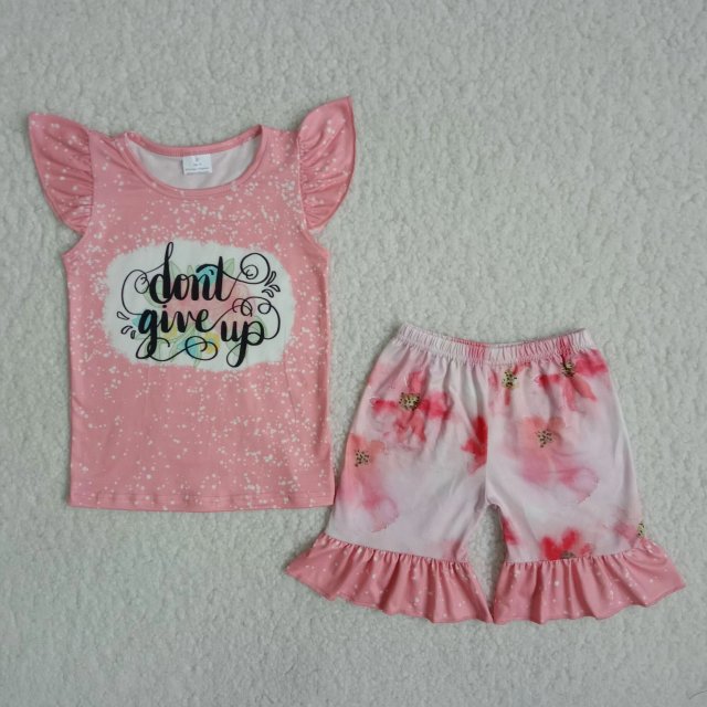 C0-3 girls clothes dont give up letters light pink short sleeves top shorts summer set