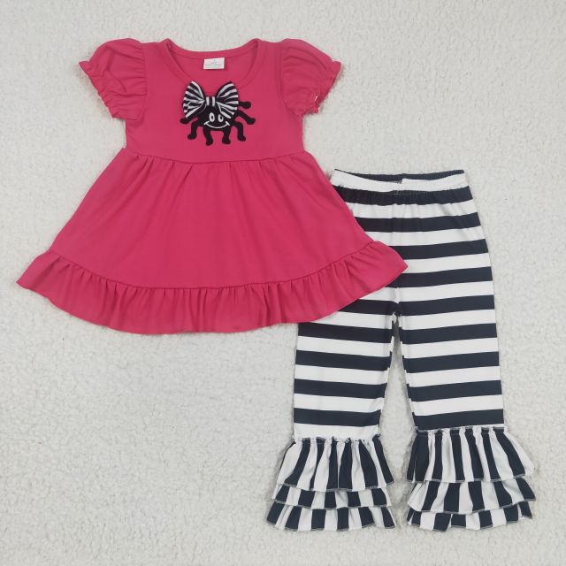 C2-8-1 Girls Bow Embroidered spider rose red puff sleeve striped trousers Summer Suit
