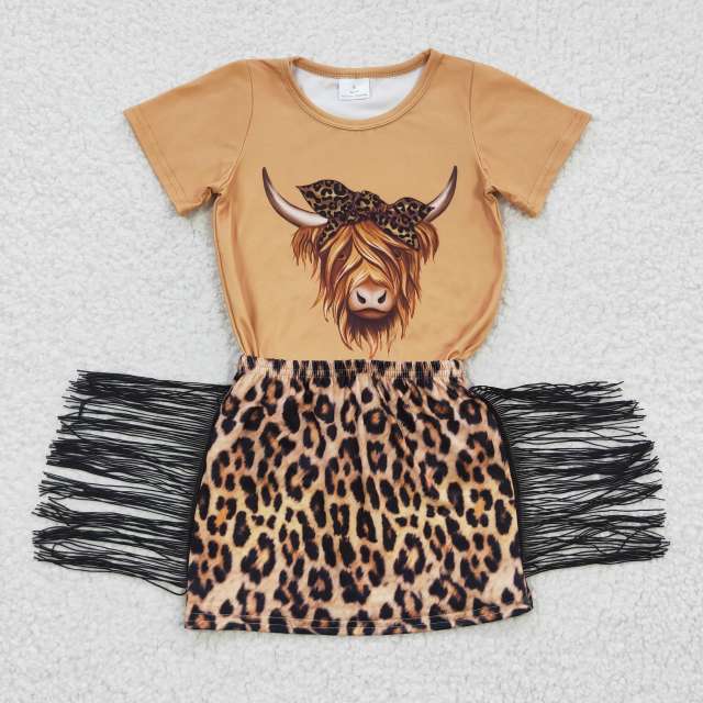 GSD0301 Boys alpine cow brown short-sleeved leopard fringe skirts suit