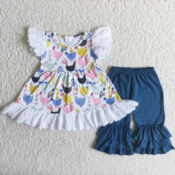 A14-1 Girls Rooster Hen Lace Cuffs Short Sleeve Fying Sleeve Top Blue Pants Suit