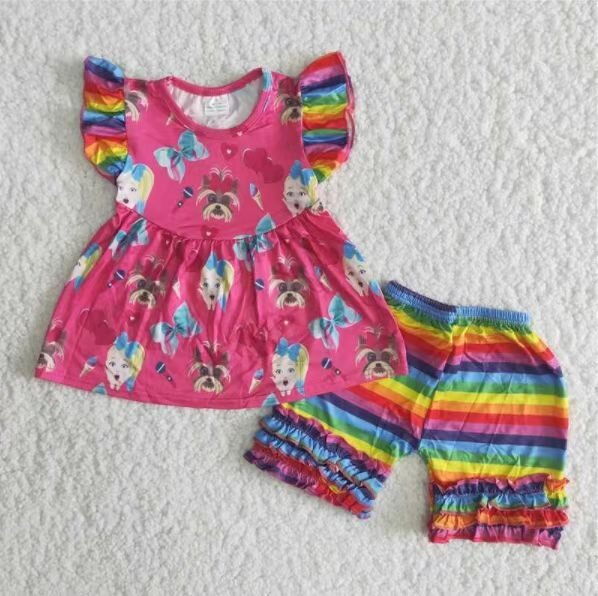 A12-13 JOJO Rainbow Girls dog flying sleeves shorts summer set