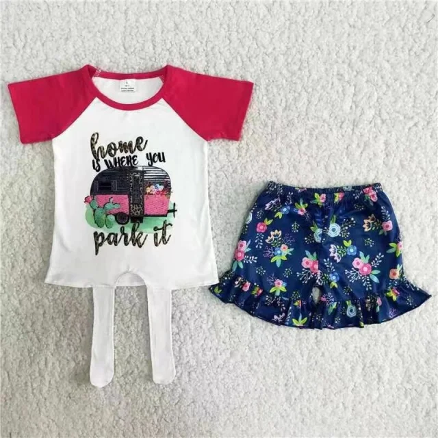 B9-14 girls clothes paik it cactus short sleeves shorts summer set