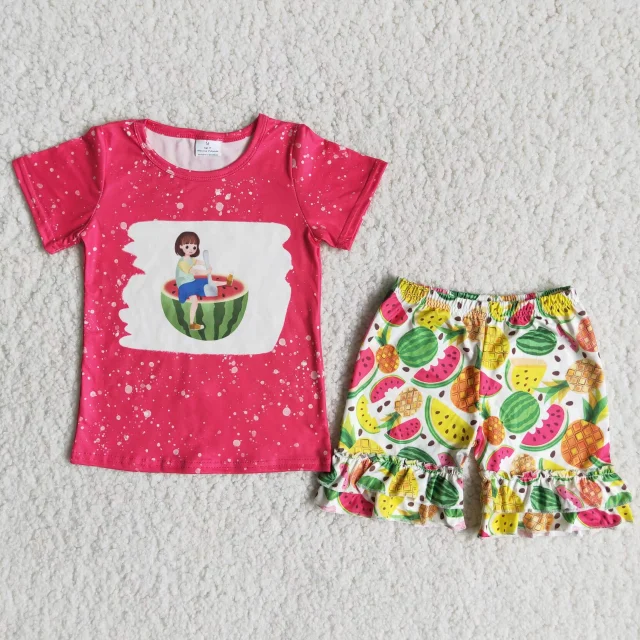 C0-2 girls clothes watermelon fruits rose short sleeves shorts summer set