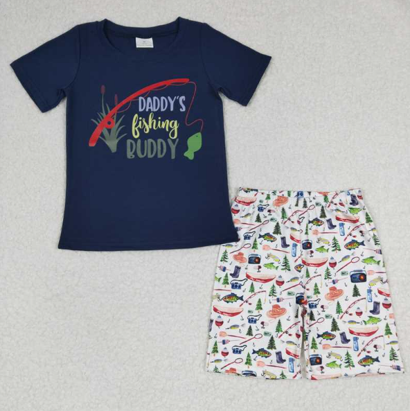 BSSO0152 Boys offset daddys fishing navy blue short-sleeved shorts suit