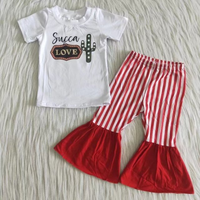 A2-1 Girls love cactus short sleeve top red striped Pants Suit