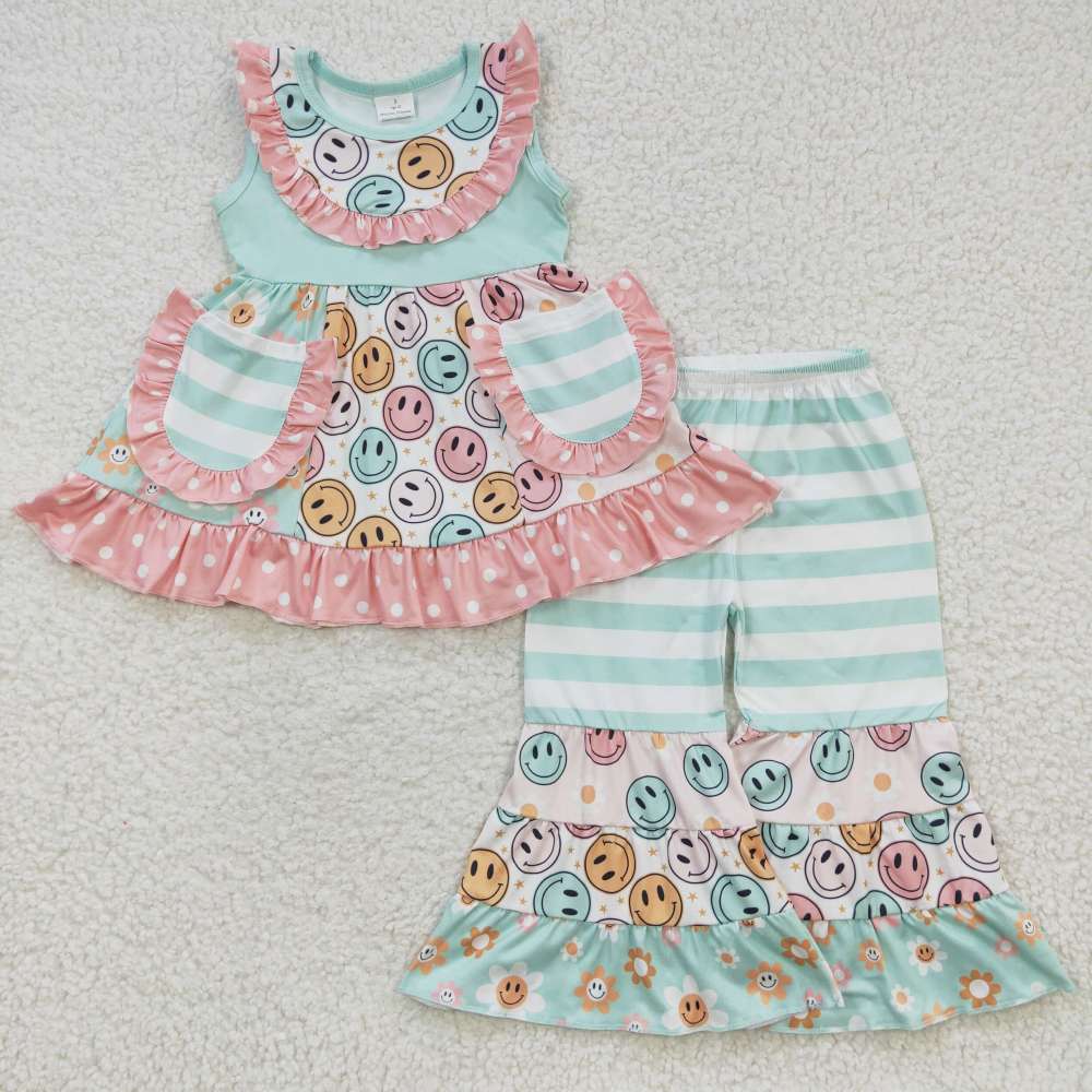 GSPO0446 Girls Smiley Green Pocket Sleeveless Top Pants Summer Suit