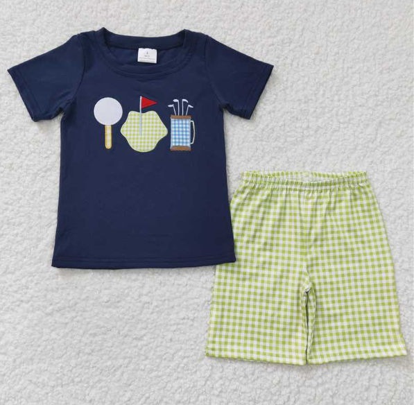 BSSO0135 Boys Embroidered Golf Blue Short Sleeve Green Plaid Shorts Set