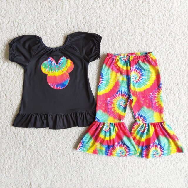 A3-10 Girls micker bow black Short Sleeve Top tie-dye flared trousers Pants Suit