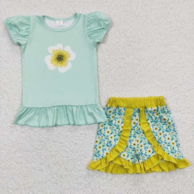 C9-2 girls clothes yellow flower light green short sleeves top shorts summer set