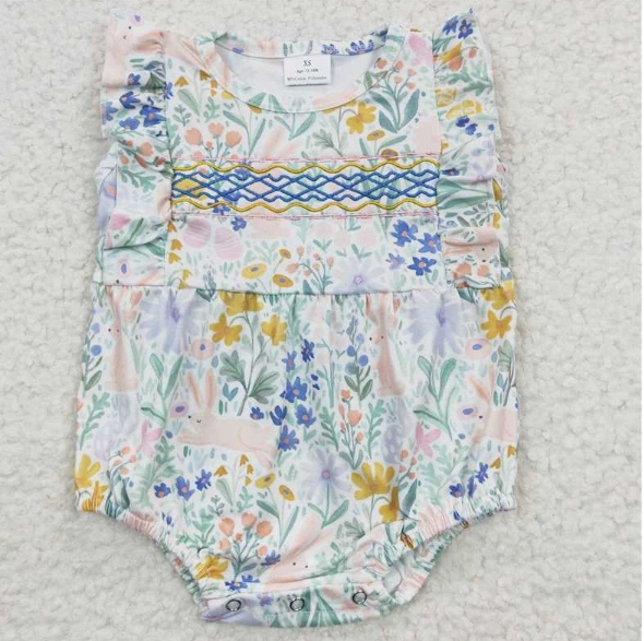 SR0262 Embroidered rabbit flower blue flying sleeve  romper