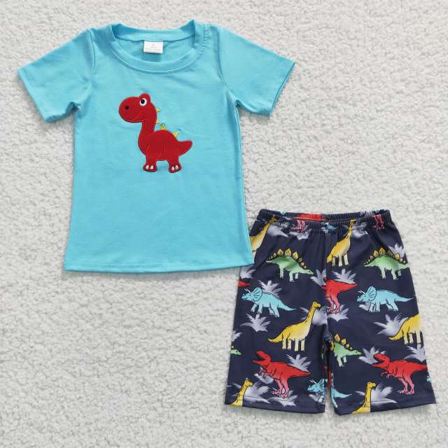 BSSO0184 Boys Colour Embroidery Dinosaur Short Sleeve Blue Shorts Set