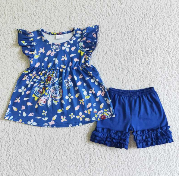 D5-16 Blue flower small fly sleeve top blue shorts