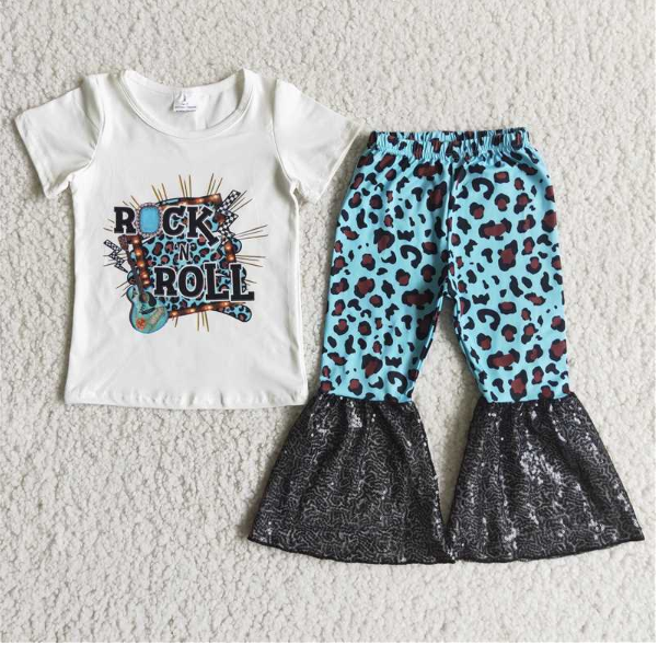 D4-15 ROCK Letter Short Sleeve Top Blue Leopard Sequined Flared Pants