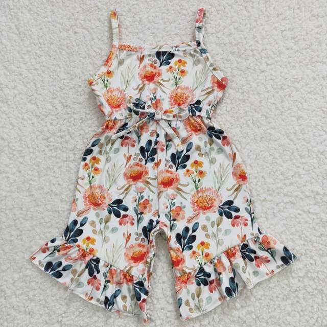 SR0250 Girls orange flowers suspender jumpsuit