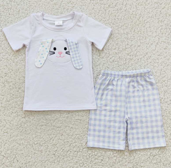 BSSO0090 Boys Embroidered Rabbit White Short Sleeve Blue Check Shorts Set
