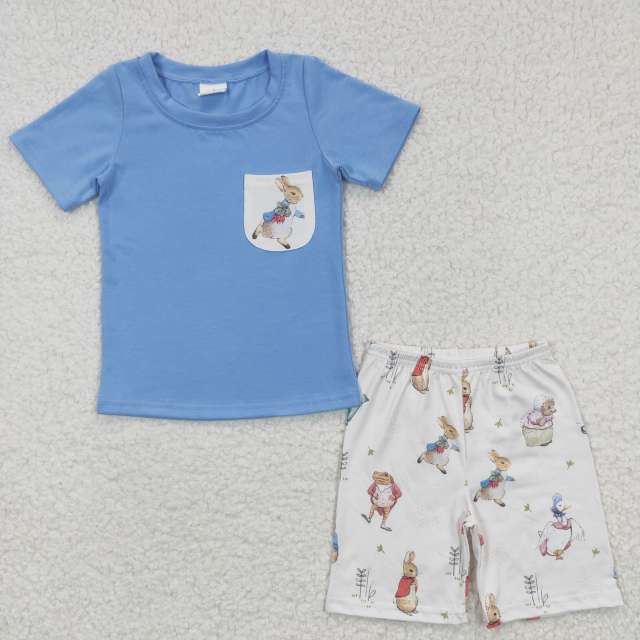 BSSO0115 Boys Peter Rabbit Pocket blue Short Sleeve Shorts Set