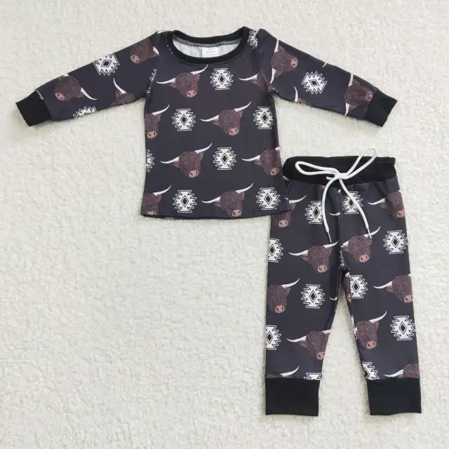 BLP0153 Boys' Bull Head Geometric Pattern Black Long Sleeve Trouser Set