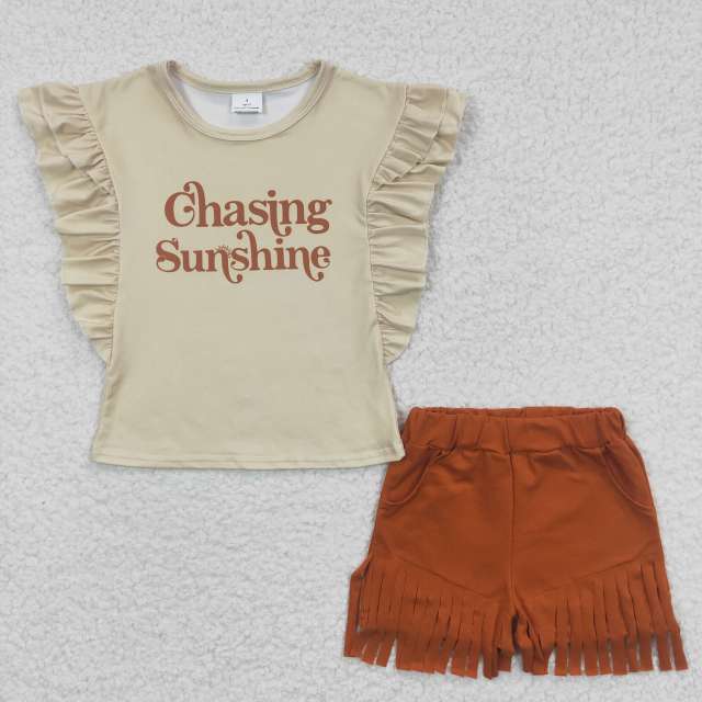 GSSO0213 Girls summer clothes chasing yellow short sleeve tassel shorts set