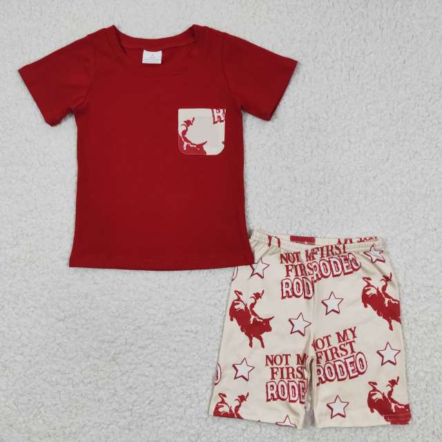 BSSO0146 Boys Pocket Red Short Sleeve Shorts Set