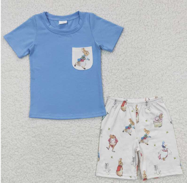 BSSO0115 Boys Peter Rabbit Pocket Blue Short Sleeve Shorts Set