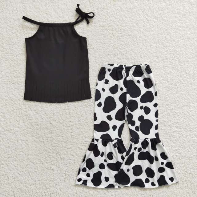 GT0088 P0041 girls black tassel halter neck suspender cow pattern milk silk pants set