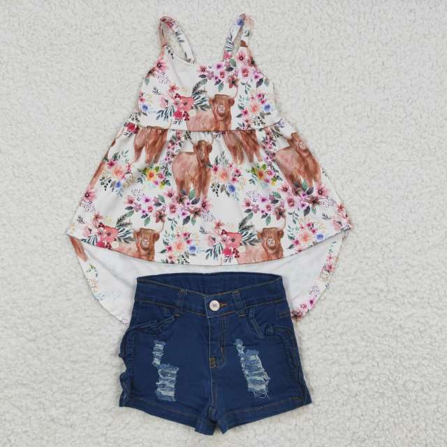 GSD0265  SS0014 Alpine cow flower suspender dress denim blue ripped shorts