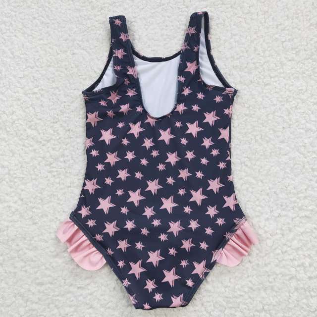 S0048 Baby Girls pink stars navy blue jumpsuit swimsuit·