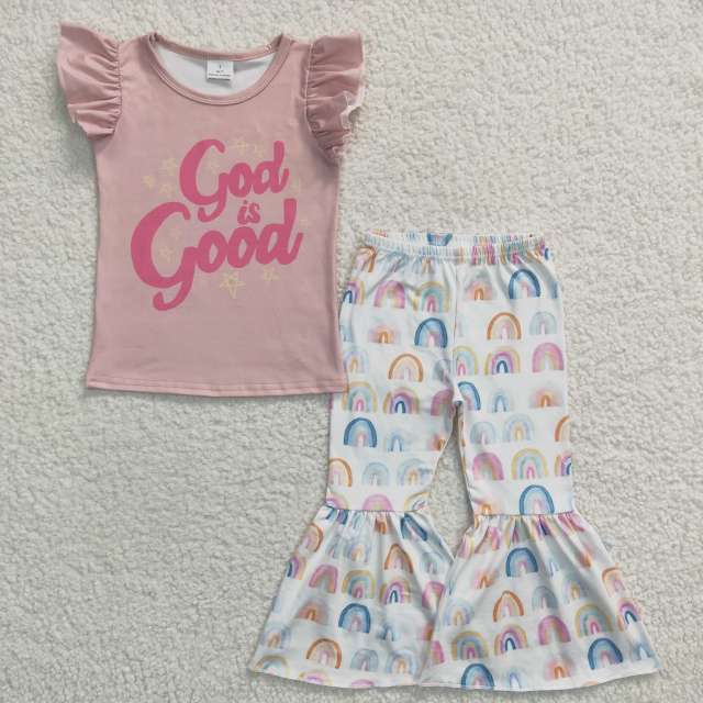GSPO0479 Girls GOD IS GOOD pink Flying Sleeve Top rainbow Pants Summer Suit