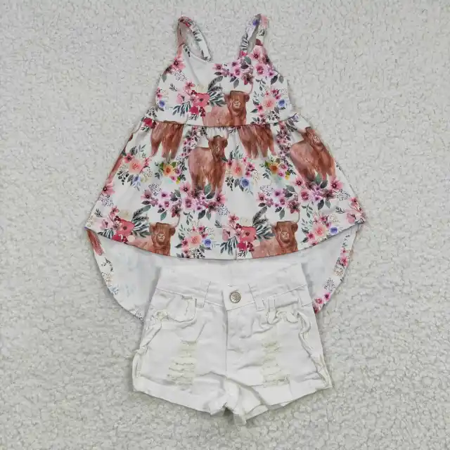 GSD0265  SS0012 Alpine cow flower suspender dress denim white ripped shorts