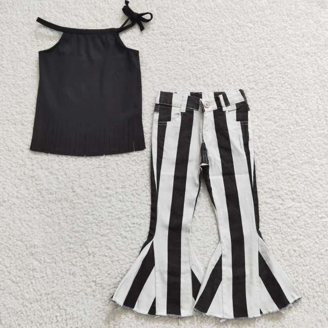 GT0088  P0046 girls black tassel halter neck suspender black and white printed jeans pants set