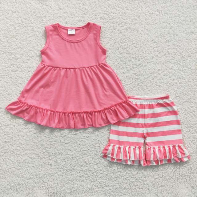 C10-16 girls short sleeve outfits pink sleeveless top lace striped shorts summer set