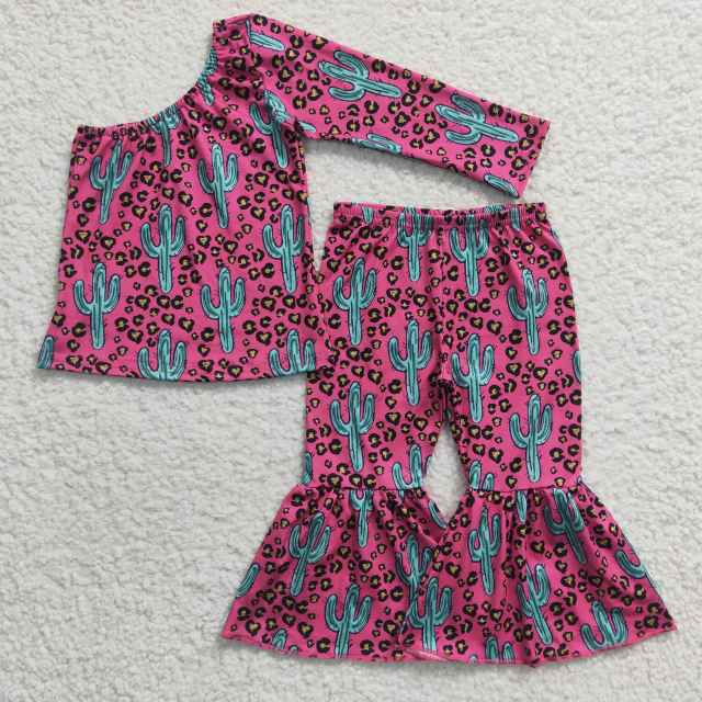 GLP0413 girls catcus leopard Rose Red Unilateral long sleeve long pants set