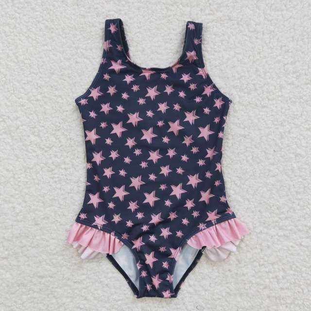 S0048 Baby Girls pink stars navy blue jumpsuit swimsuit·