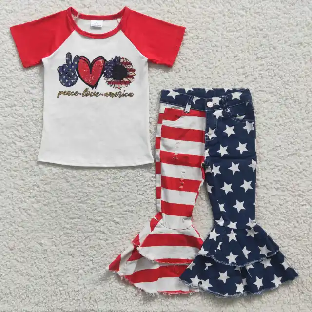 GT0108  C3-14 girls national day peace love short sleeve and stars printed jeans pants set