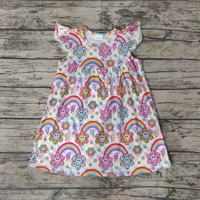 Girls Color Rainbow Flying Sleeve Summer Dress