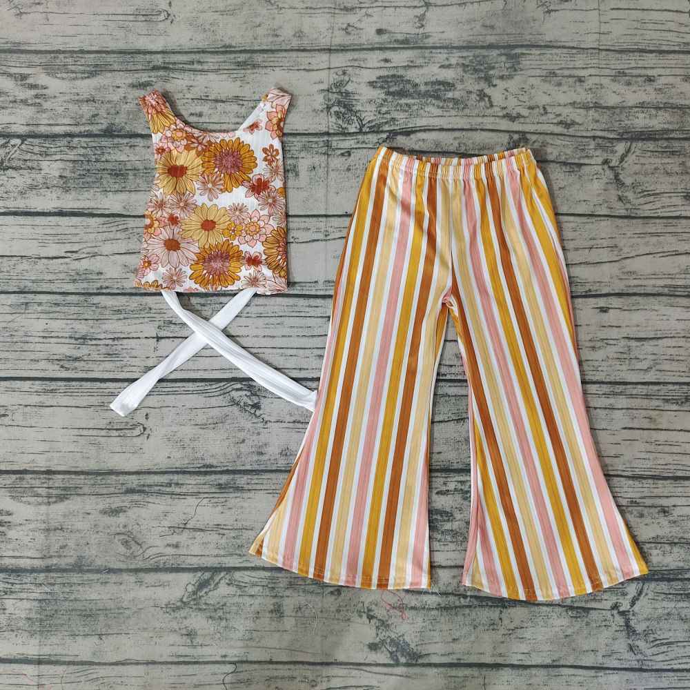 Girls Flower sleeveless tie orange top vertical striped milk silk pants set