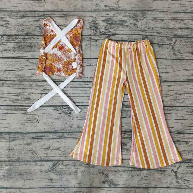 Girls Flower sleeveless tie orange top vertical striped milk silk pants set