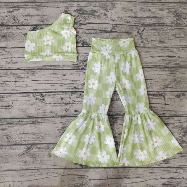 Girls Light green one-shoulder floral top T-shirt pants summer set