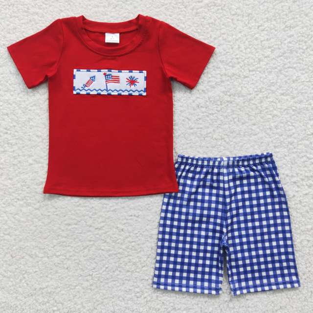 BSSO0176 Boys Embroidered National Day Fireworks Red Short Sleeve Blue Gird Shorts Set