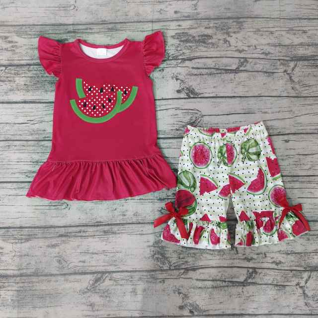 Girls Watermelon Red Short Sleeve set flying sleeve bow tie shorts summer boutique Set