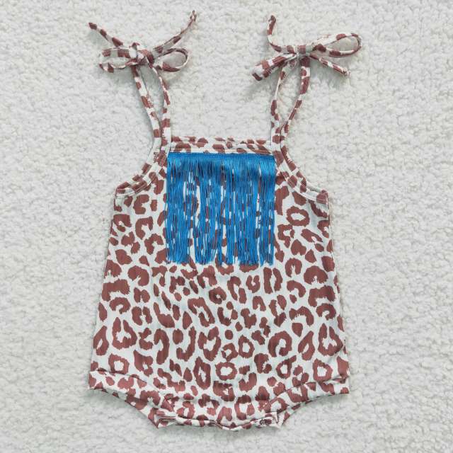 SR0288 Girls Brown Leopard Blue Fringed Tank Top Bodysuit