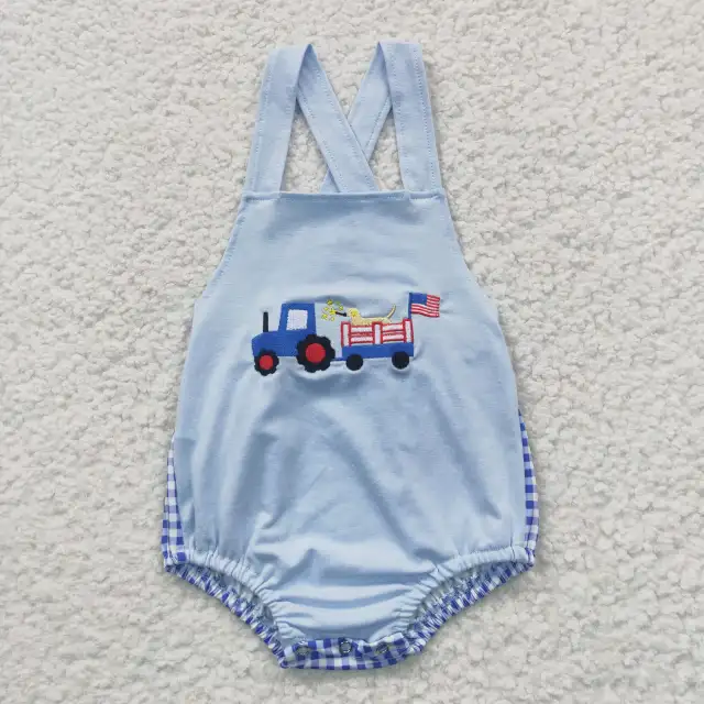 SR0274 girls embroidery national day car dog Blue Sleevelsee Jumpsuit