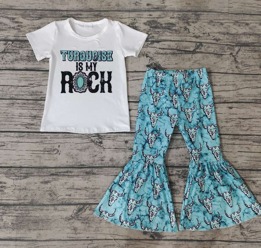 Girls ROCH white short sleeve top cow head blue milk silk pants set