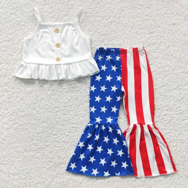 GSPO0480 girls national day white vest stars striped suspende long pants set