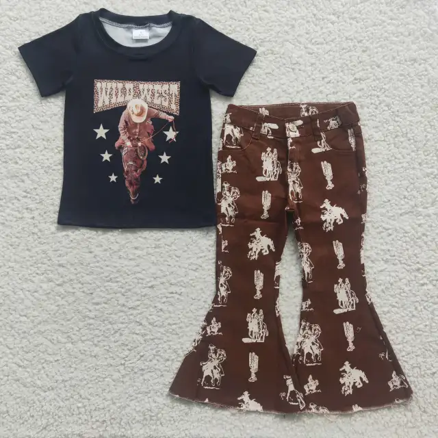 GT0152  	 P0076 Girls WILD WEST Horse Riding Black Short Sleeve Top Riding Brown Denim Pants