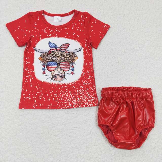 GT0114  SS0051 Girls' National Day cow sunglasses red short-sleeved top bright leather red briefs